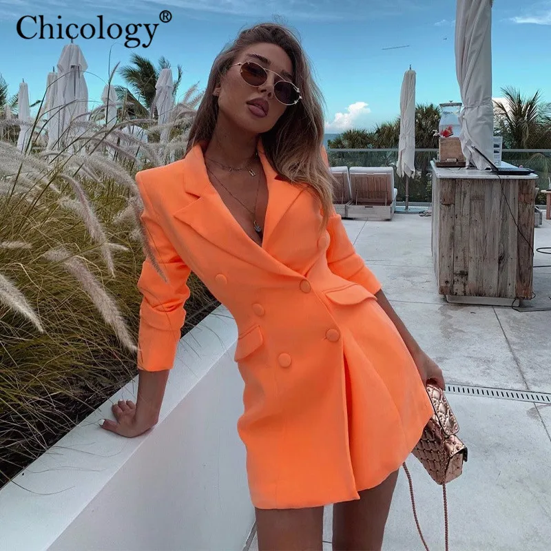 Женский двубортный Блейзер Chicology неоновый блейзер с карманами и длинным рукавом