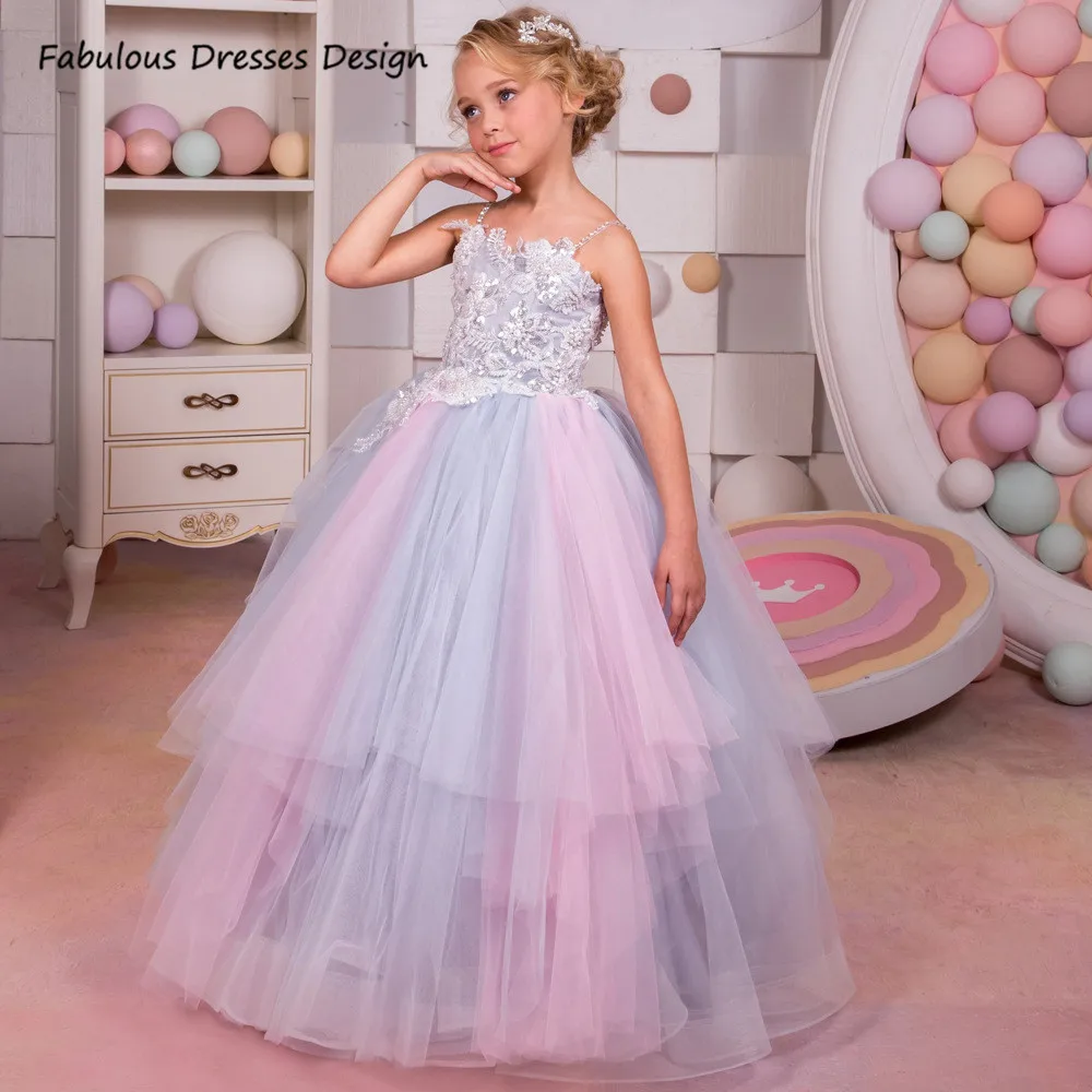 

Princess Contrast Color Flower Girls Dresses Long A-line Applique Lace Detachable Train 2021 Little Kids Birthday Dress Party