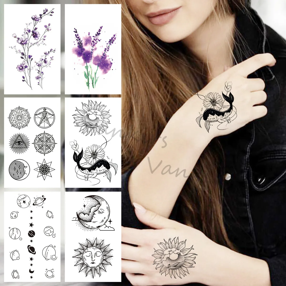 

Black Daisy Whale Temporary Tattoos For Women Girls Realistic Planet Sun Watercolor Lavender Fake Tattoo Sticker Arm Body Tatoos