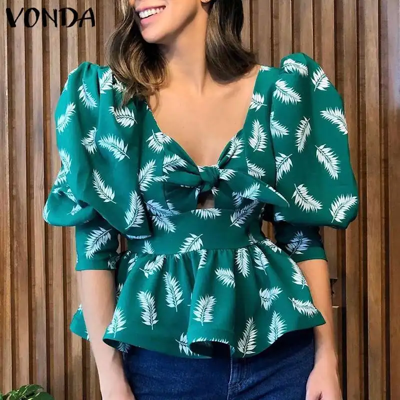 

VONDA 2022 Women Tunic Peplum Tops Ladies Puff Sleeve Deep V Neck Shirts Retro Floral Print Bow Hollow Summer Women's Blouses