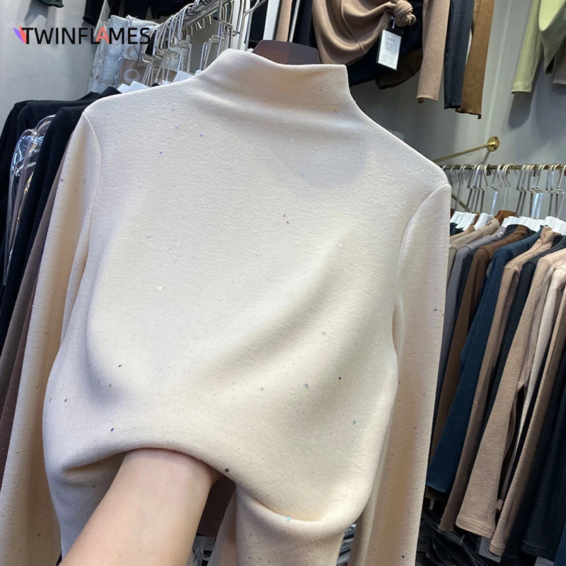 

Свитер женский, вязаный пуловер с блестками, теплая толстая футболка с длинным рукавом и полувысоким воротником