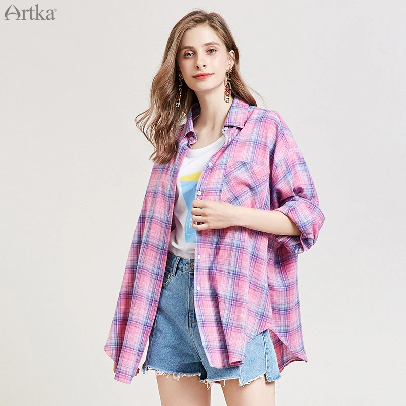Женская винтажная клетчатая блузка ARTKA Повседневная Свободная из 100% хлопка с