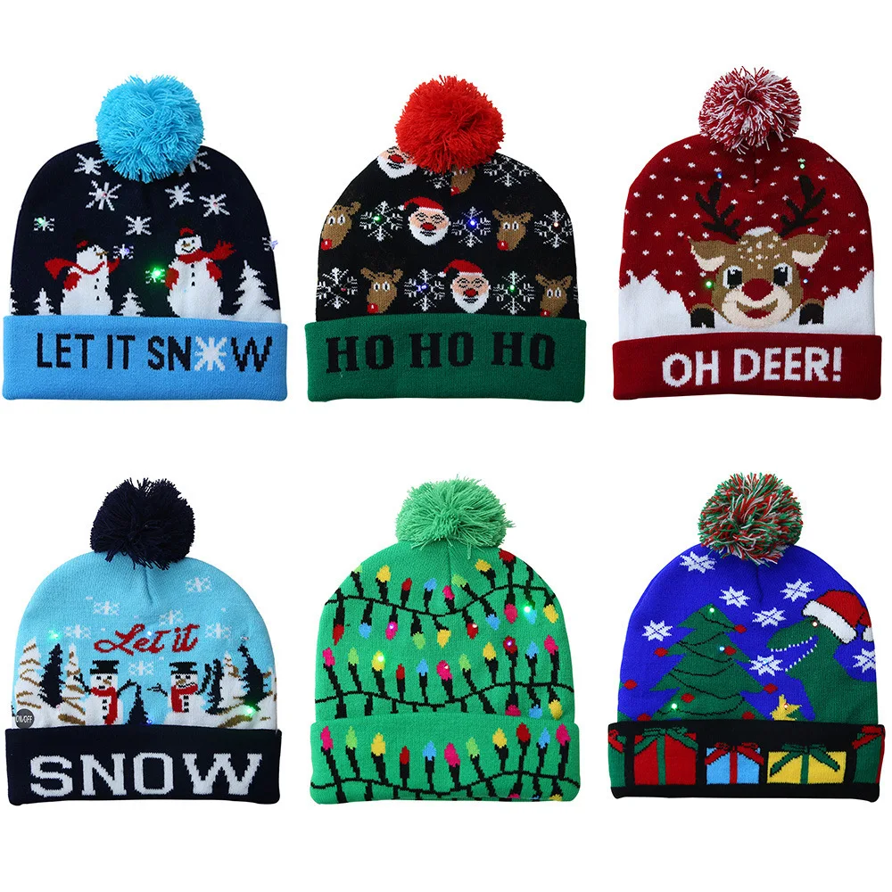

1PC Christmas Hat Sweater Santa Elk Patteren Knitted Hats Christmas Decorations With LED Light For Adult Children New Year Gifts