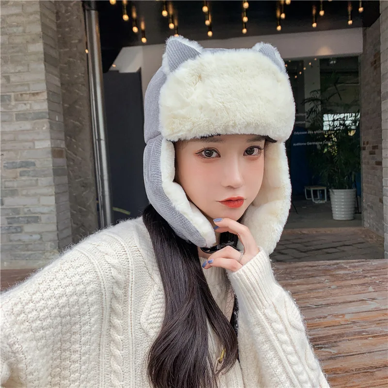 

2020 Cute Russia Ushanka Bomber Hats With Glass Pilot Trapper Cap Winter Ear Flaps Cap Snow Caps hat Ear Protection Bonnet