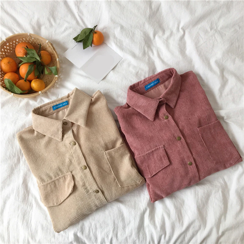 

New Shirt 2021 Autumn New Ins Loose And Versatile Corduroy Shirt Women's Solid Color Casual Long Sleeve Shirt Coat