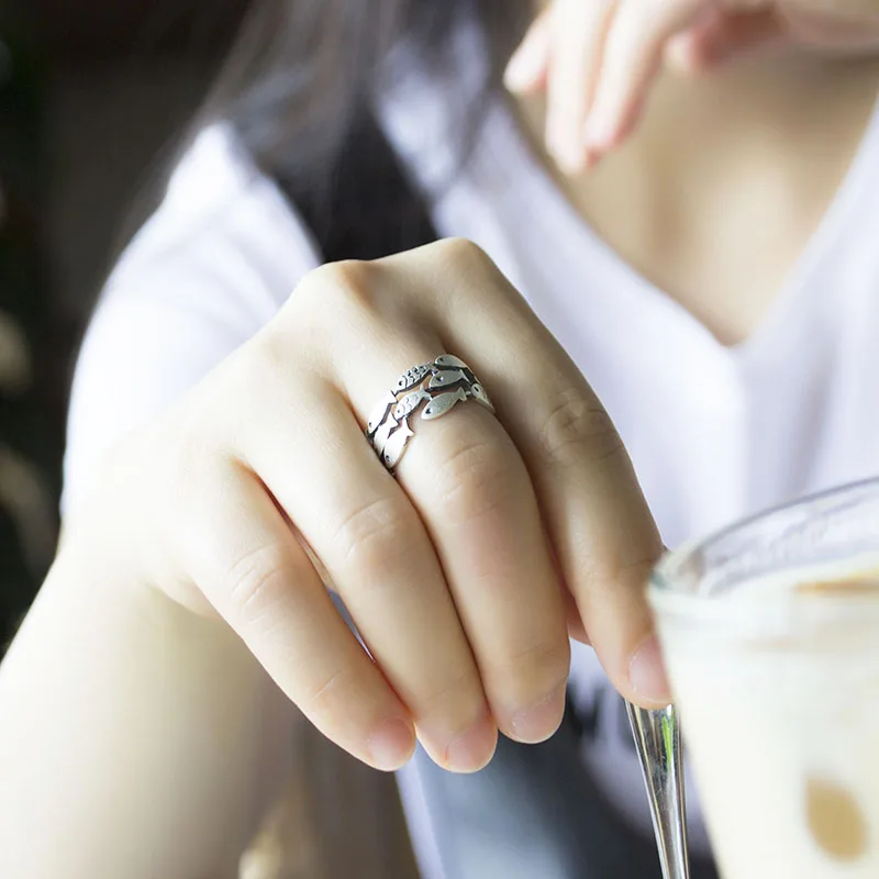 

Retro Style 925 Sterling Silver Leaves Open Rings For Women Vintage Jewelry Accessories Fish Ring