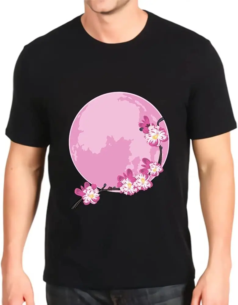 

New Printed T-shirt Pink Moon Sakura Flowers Japanese Cherry Blossom Short-sleeved Fashion Loose Top Mens Men