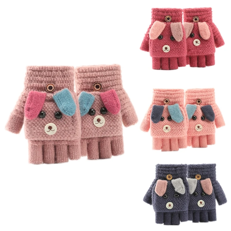 

Children Kids Winter Warm Convertible Flip Top Gloves Cartoon Puppy Dog Knitted Plush Lined Flap Cover Fingerless Mittens for