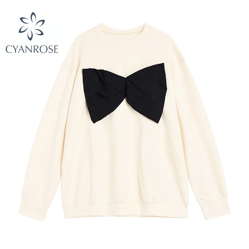 

New Solid Color Long Sleeve Hoodie Women's 2021 Bow Decorated Fashion Autumn Korean Style O-Neck Sweatshirt Tops Female Coats