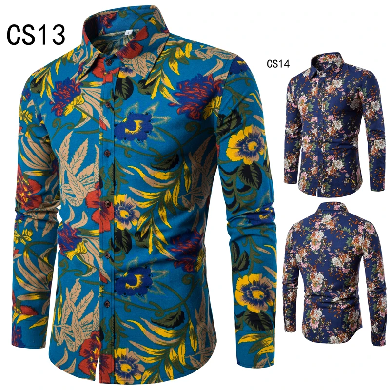 

Mens Fashion Pattern Casual Shirt Slim Fit Flower Print Linen Shirts Long sleeve Shirts Men Floral Social Masculina 4XL 5XL