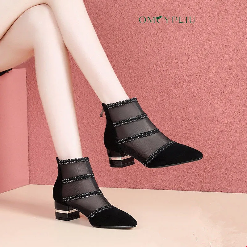 

Women Boots 2021 Summer Hollow Luxury Design Fashion Pointed High Heels Shoes Woman Sandals Ladies Mesh Ankle Boot Female Shoes