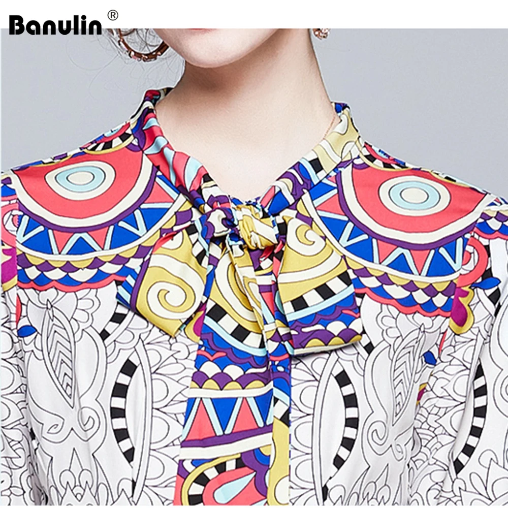 

Banulin Runway Women Autumn Vintage Print Dress Festa High Quality Long Maxi Elegant Long Sleeve Bow Tie Collar Party Dress Robe