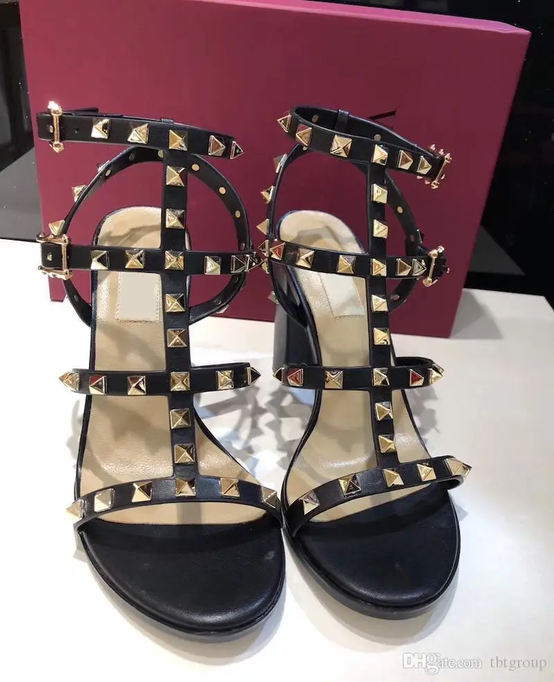 

women leather stud sandals T-strap sandal summer High Heels rivets shoes Ladies Sexy party shoes 6.5cm 9.5cm 15color with box