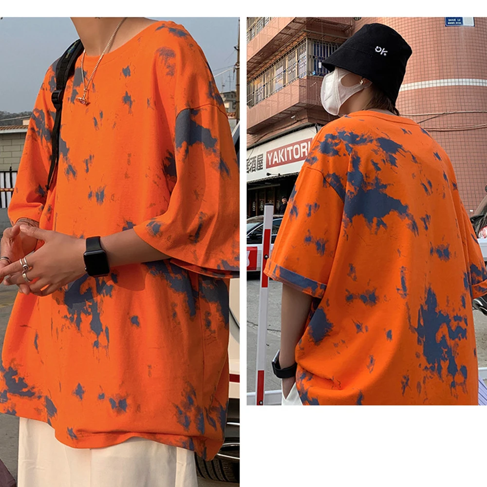 

Covrlge Cotton Tie-dye Top Clothes Summer Trendy High Street Men Women Loose Five-point Sleeve T-shirt Streetwear Male MTS661