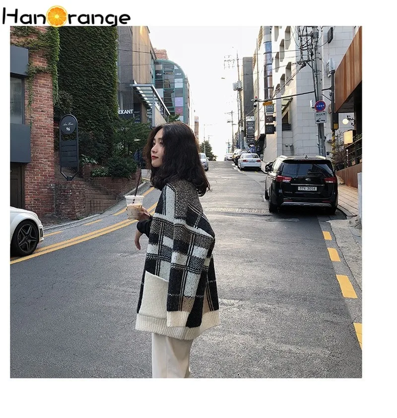

HanOrange 2021 Spring Autumn Korean Style Contrast Color Plaid Jumpers Loose Lazy Lattice Cardigan Sweater Women