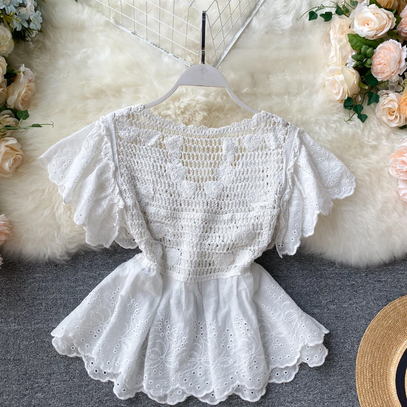 Новинка 2020 женская блузка в стиле ретро с вырезами виде цветов короткая рубашка