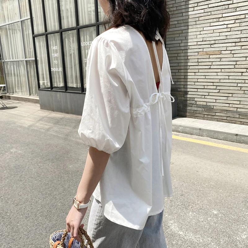 

Summer Korean Harajuku Solid Color Women Tops Sexy Backless Fashion New Puff Sleeve Tee Shirts Femme Hemd Damen Vestidos Chemise