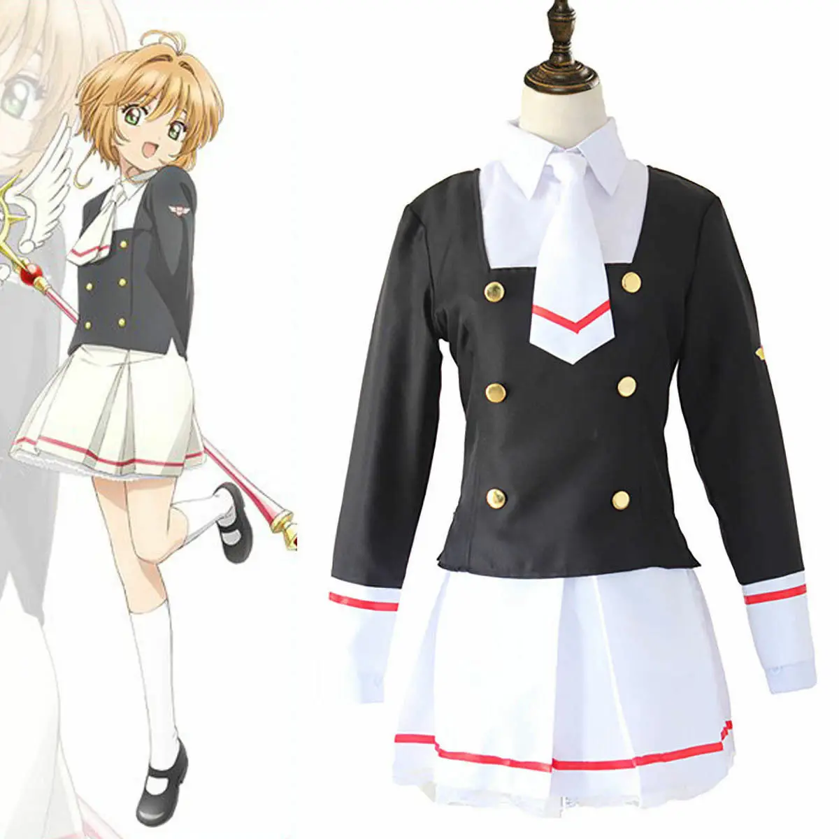

Anime Cosplay Card Captor Sakura Cos Top+skirt+tie+socks+Wigs+staff Adult Women Halloween Party Girls Kinomoto Sakura