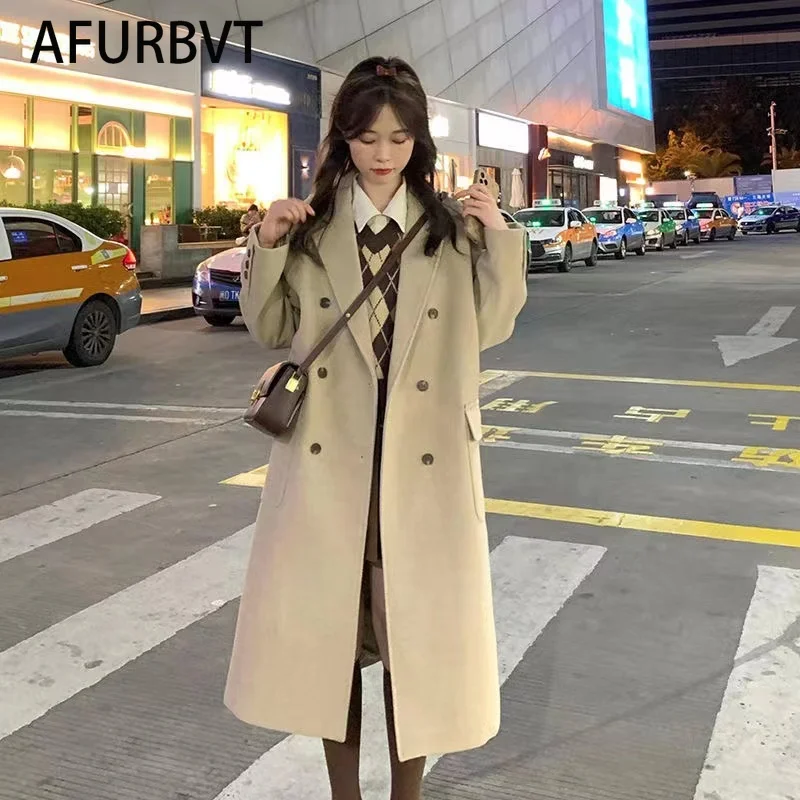 

Шикарное осенне-зимнее шерстяное пальто в Корейском стиле, Женская двубортная Повседневная Свободная длинная теплая шерстяная куртка, жен...
