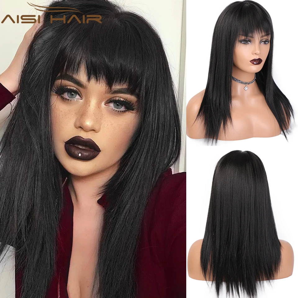 

AISI HAIR Straight Black Wig With Bangs For Women 20 inch Long Layered Wigs Black Natural Looking Heat Resistant Hair