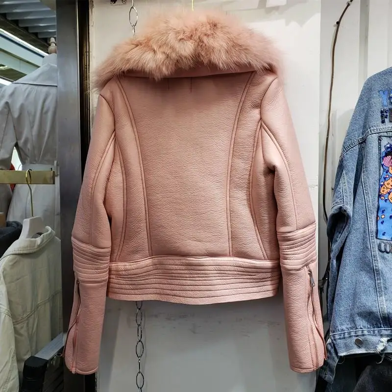 Зимнее пальто из искусственной кожи с воротником лисьего меха женская короткая