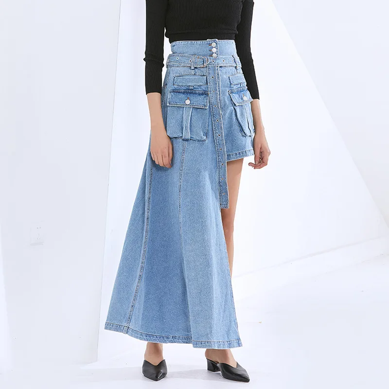 

Spring Summer Asymmetrical Women Skirts Design Fashion High Waist Denim Mujer Faldas 2021 New Pockets Casual Female Clothing