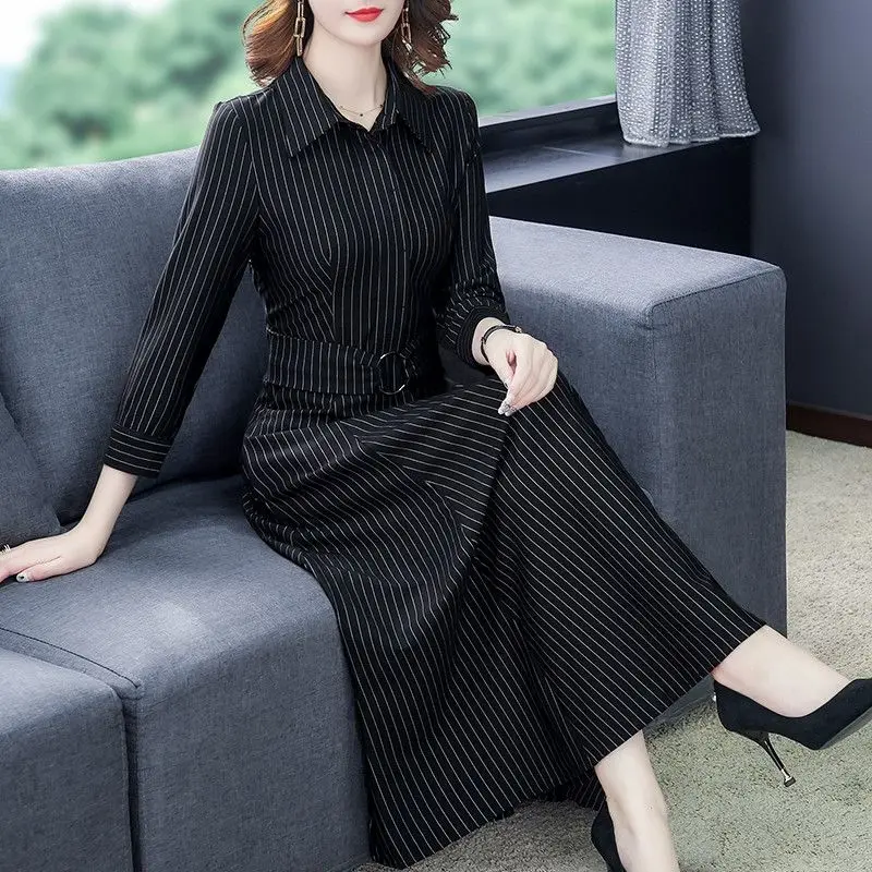 Женское платье-рубашка с длинным рукавом в полоску | Женская одежда