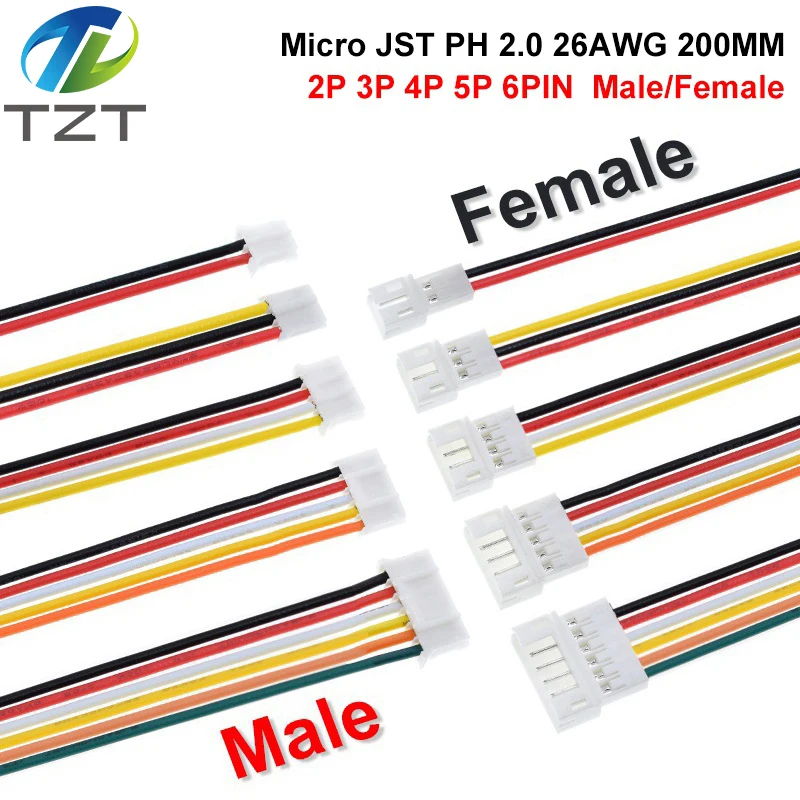 10 шт. 5 пар Micro JST PH 2 0 2P 3P 4P 5P 6-контактный Штекерный разъем с проводными кабелями 20