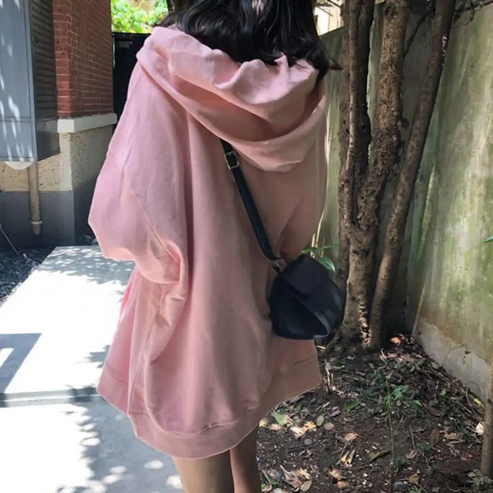 New 2021 Women Autumn Solid Color Pocket Mid-length Hoodie Long Sleeve Loose Sweatshirt