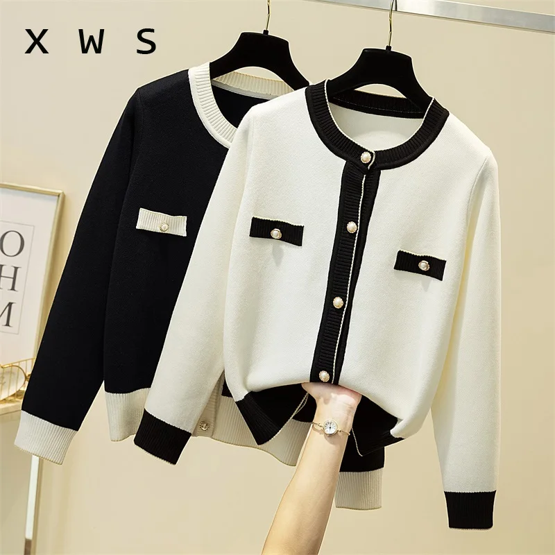 

sueter mujer 2020 Elegant Female Sweater and Cardigans Button Up Pearl Beading Black White Formal Knit Jacket jersey mujer