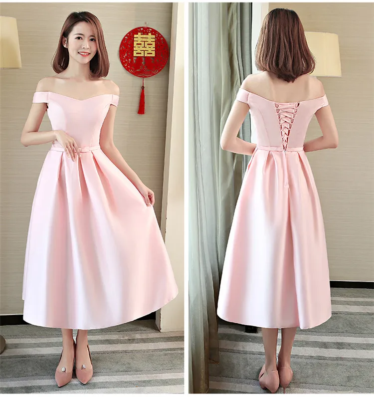 Женское атласное платье подружки невесты элегантное розовое длиной ниже колена