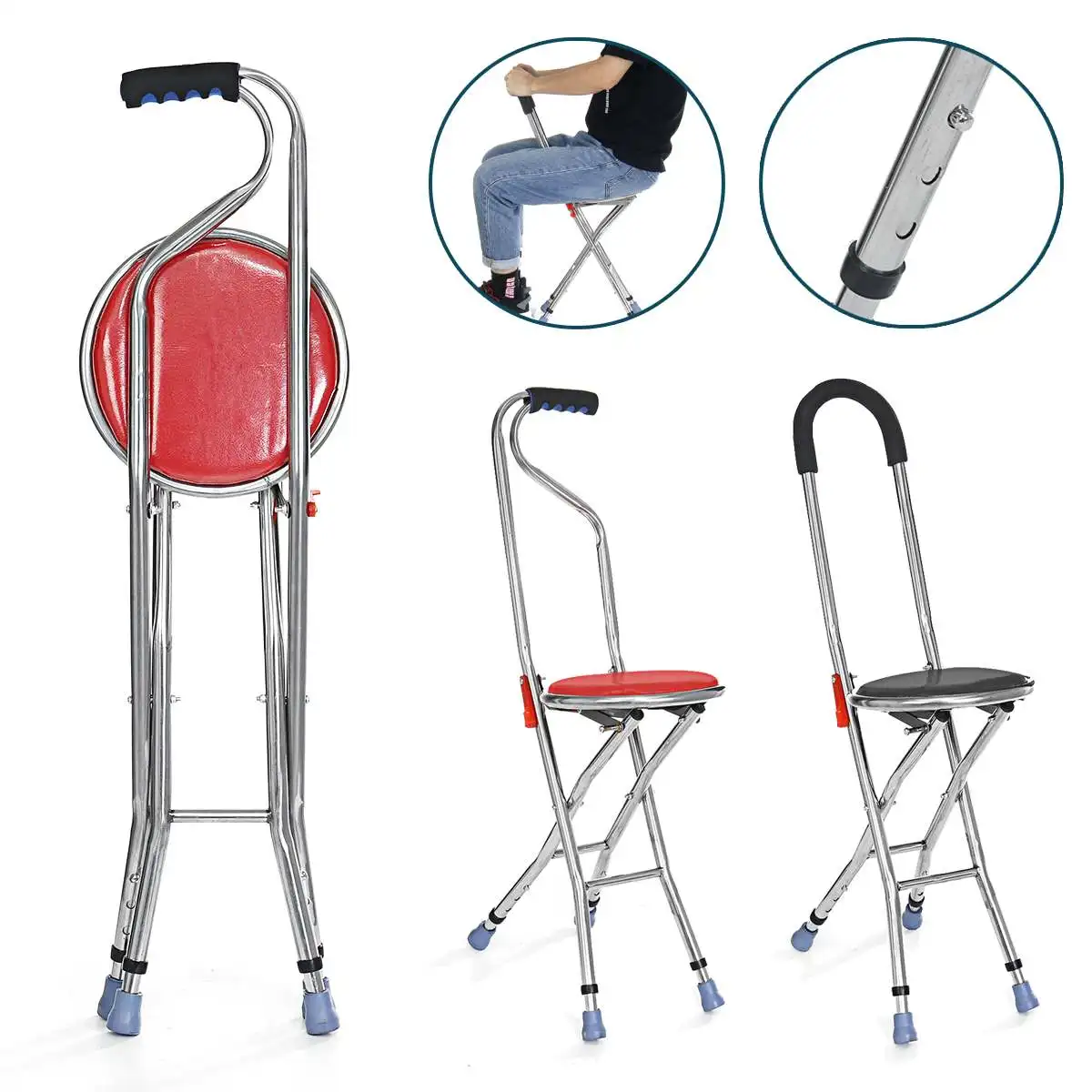 구매 휴대용 노인 지팡이 목발 이동 보조 접는 지팡이 의자 높이 조절 스테인레스 스틸 지팡이 의자 좌석 의자, 지팡이 이동성 보조