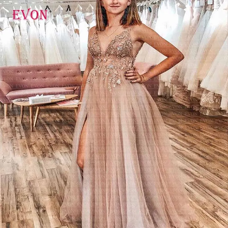 Пикантные тонкие бретельки Выпускные платья Длинные 2020 V образным вырезом из