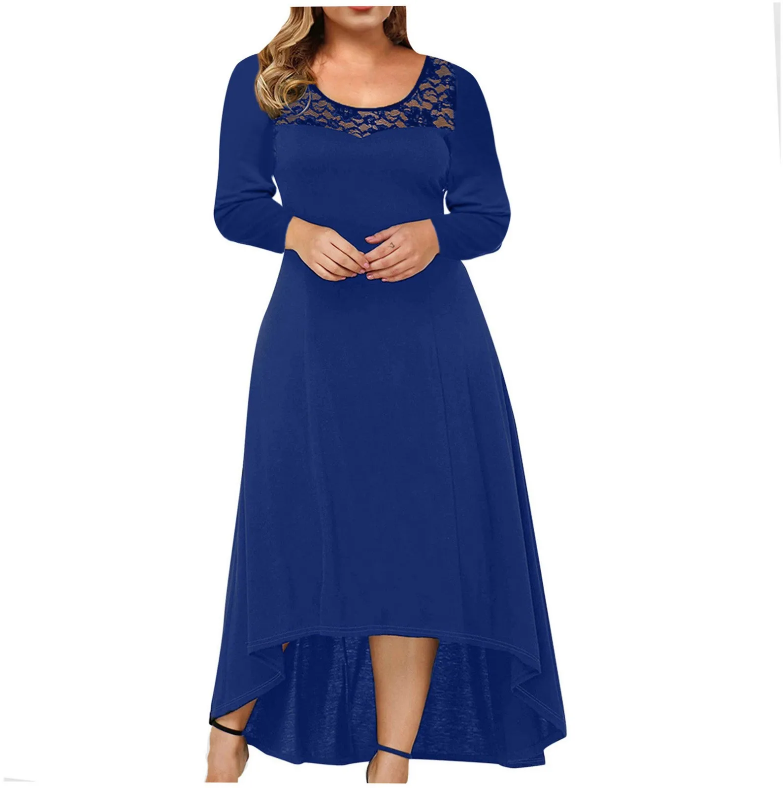 2021 High Waist Lace Dress Women Plus Size Solid Round Neck Long Sleeve Irregular Stitching Bodycon Formal | Женская одежда