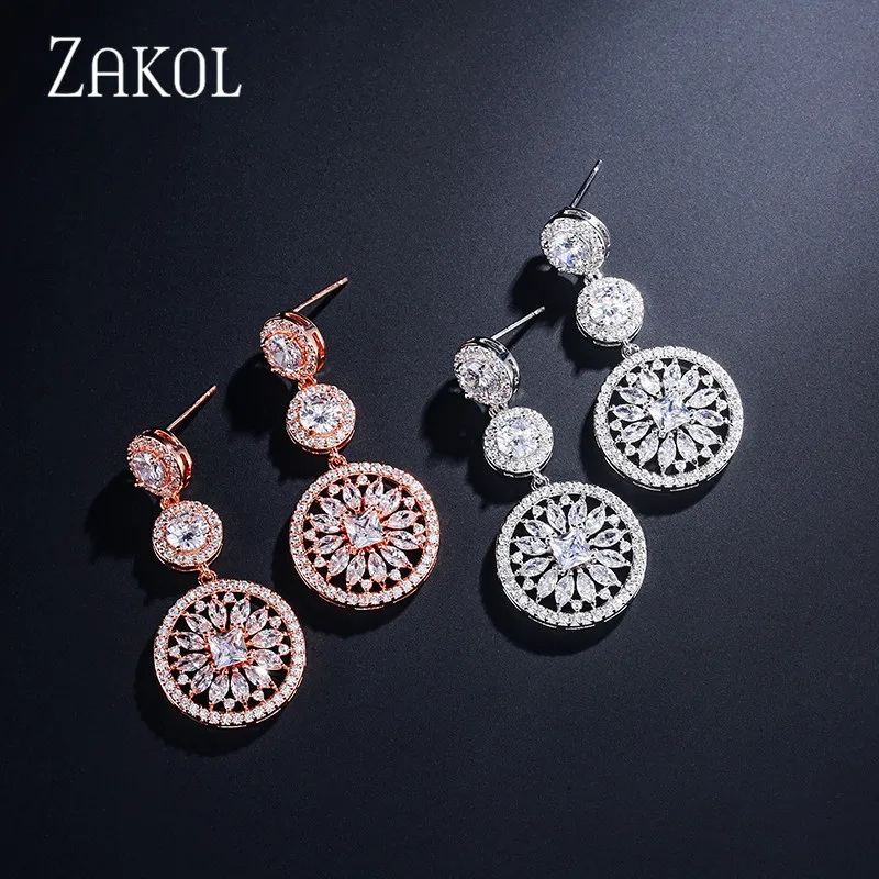 ZAKOL изысканные сферические круглые фианиты цветочные серьги-капли свадебные
