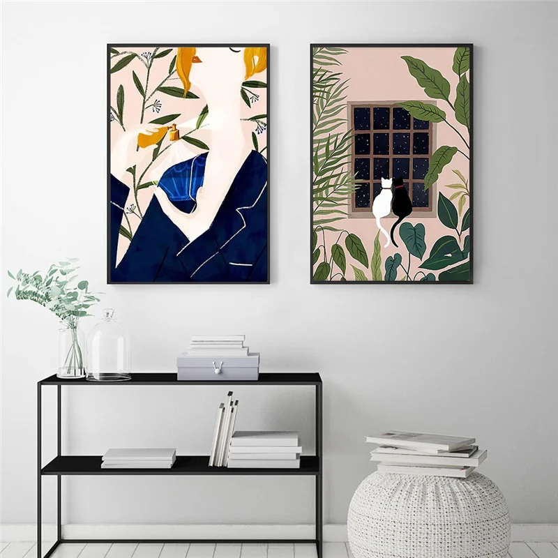 

Abstract Vintage Fashion Woman Poster Nordic Cat Plants Wall Art Canvas Painting Boho Trendy Pictures for Living Room Home Decor