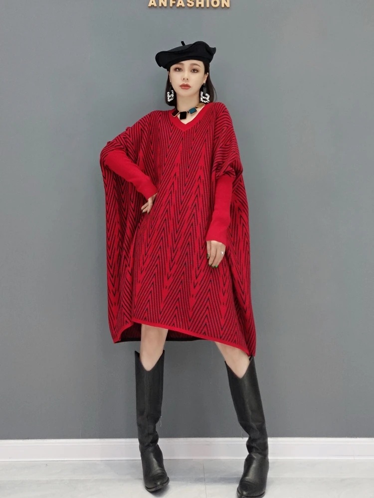 

SuperAen Европа 2021 зима новое модное платье рукав «летучая мышь» свитер платье Свободный Женский пуловер Большой вязаный свитер