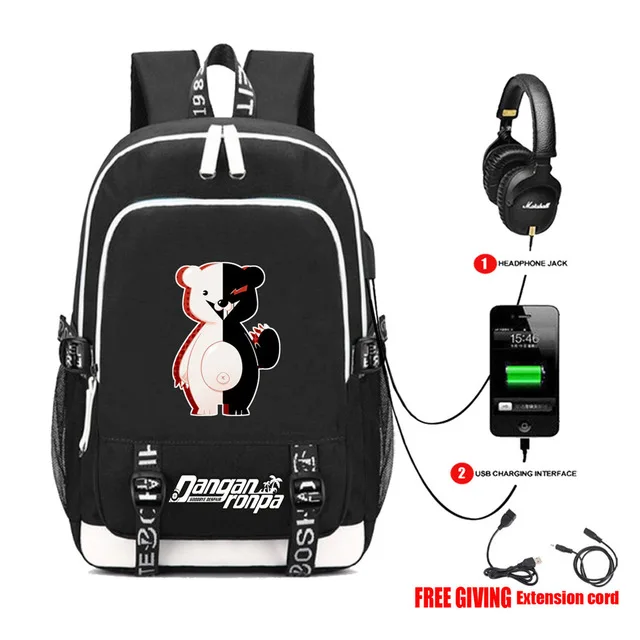 USB Charging Headphone Jack Backpack School Bags Mochila Feminina Laptop Schoolbag anime Danganronpa Printing backpack |