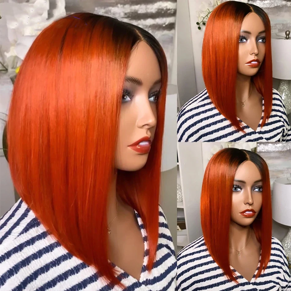 

Ombre Color Short Bob 1B/Orange Human Hair Lace Front Wig Straight Brazilian Remy Lace Wig For Women Glueless Lace Closure Wig