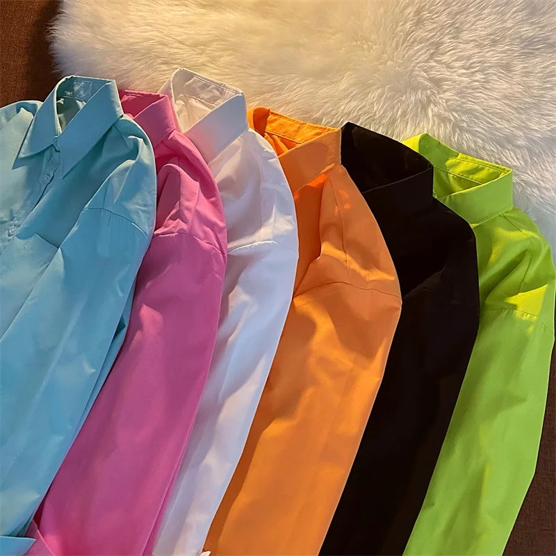 

New Women Shirts Lapel Simply Candy COlor Single Breasted Office Lady Long Sleeve Blouse Chic Chemise Tops