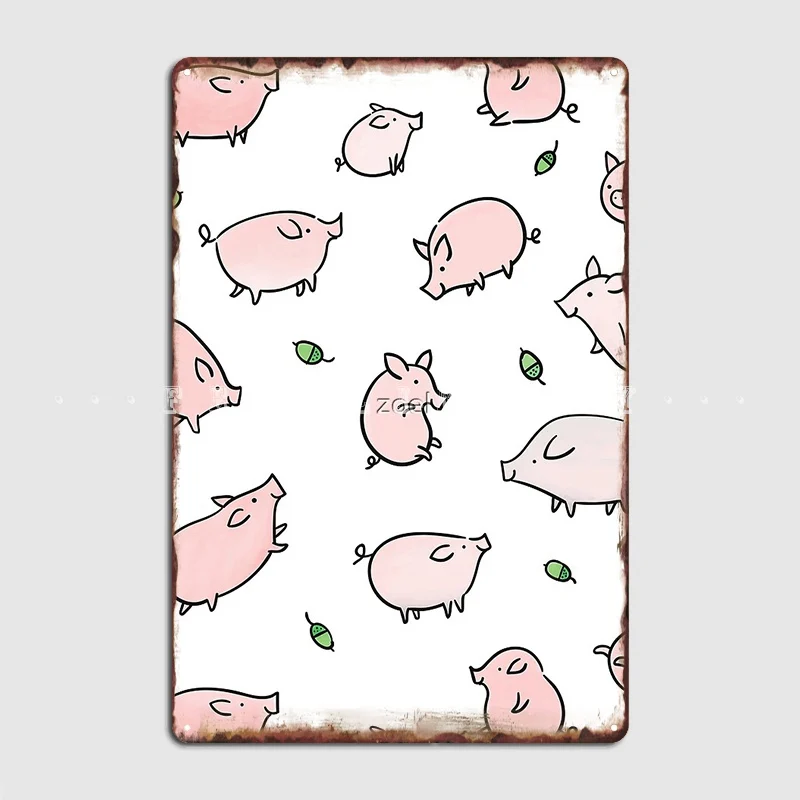 

Pink Pigs With Green Acorns Metal Plaque Poster Club Home Mural Funny Wall Decor Tin Sign Poster