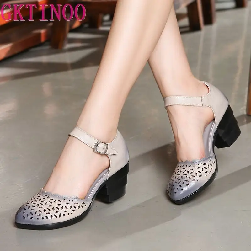 

GKTINOO 2022 Women Thick Heels Sandals Covered Toe Shoes Ethnic Style Summer Genuine Leather Hollow Women Sandal
