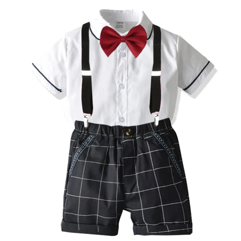 

Boys Sets Fashion Gentleman Style Suit Children's School Clothes Bow White Shirt + Plaid Bib Suit Toddler Summer Kids clothes
