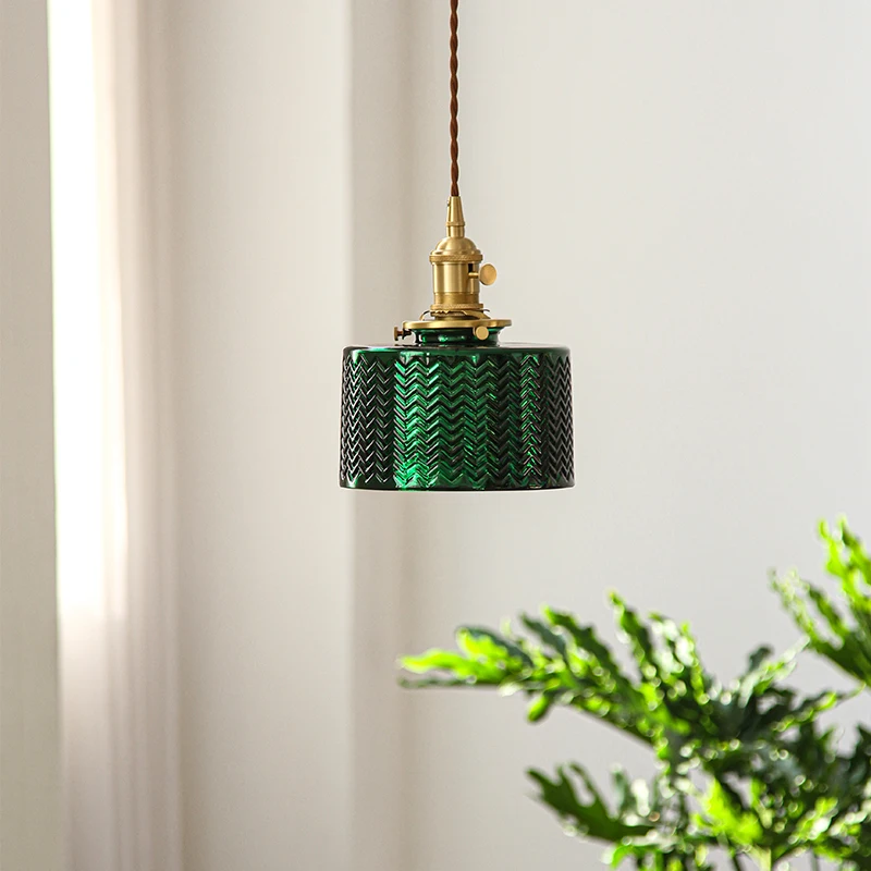

Nordic Green Glass LED Pendant Lights Fixtures Bedroom Living Room Switch Copper Vintage Hanging Lamp Lighting