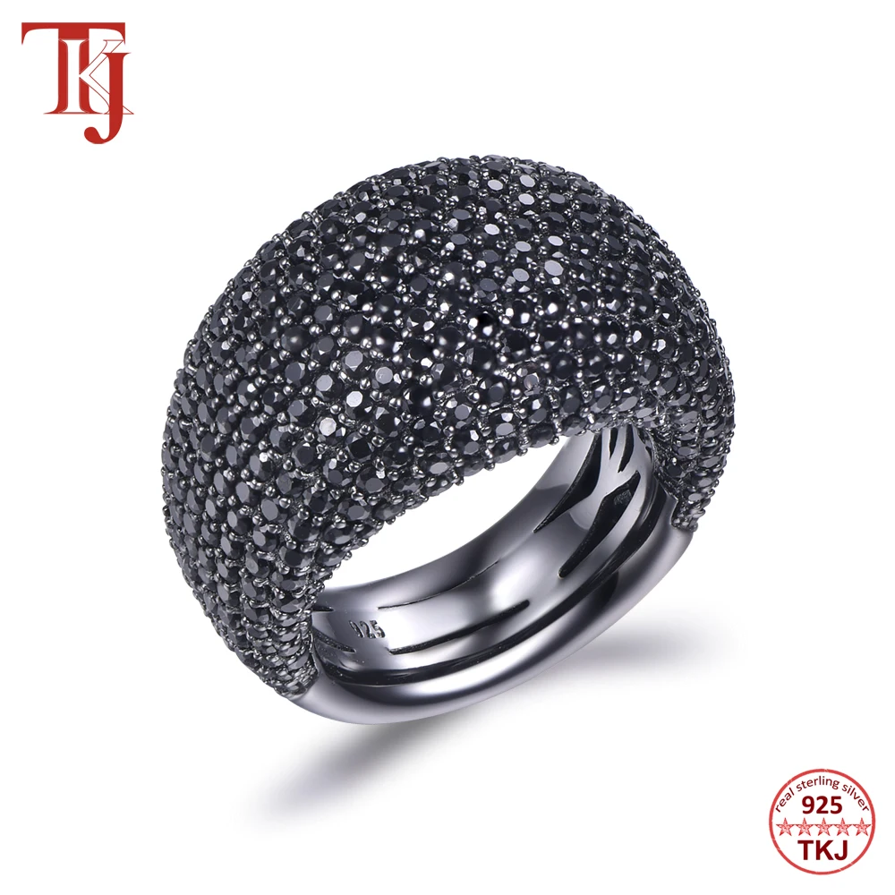 

TKJ Fashion Black Spinel Ring Real 925 Sterling Silver Gemstone Rings For Women Round Stones Wedding Engagement Jewelry Gift