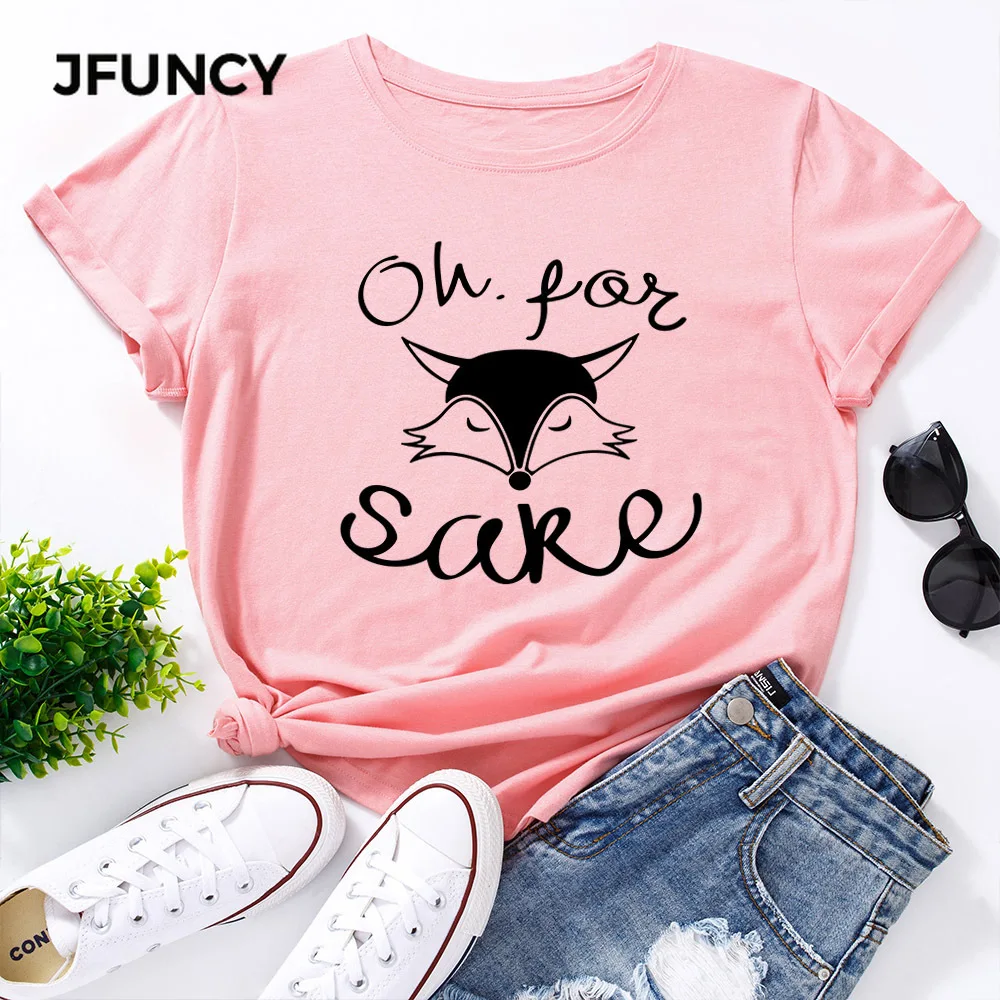 JFUNCY Black White Fox Print Women Tops  Cotton T-shirt Summer Short Sleeve Oversize Tshirt Female Loose Tee Shirts