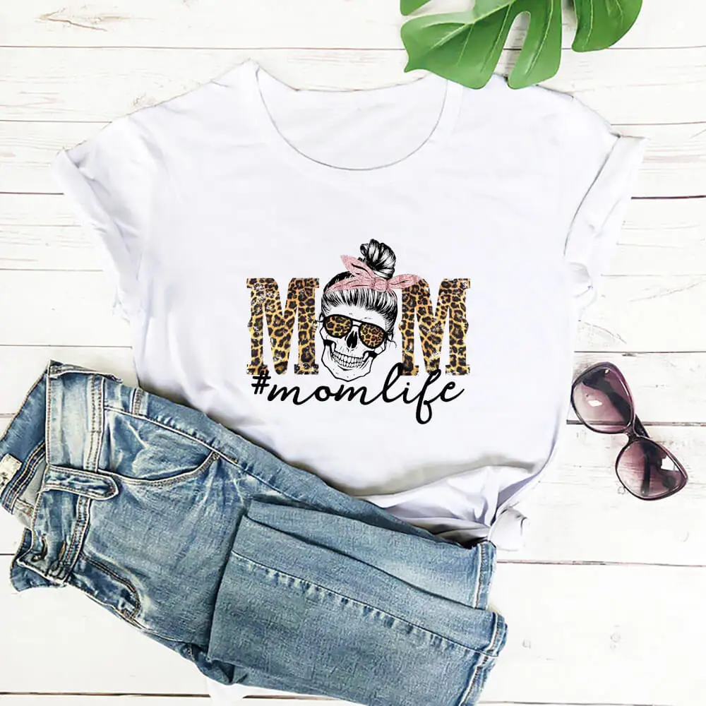 Momlife Leopard Skull Printed  Women's Tshirt Mom Party Shirts Summer Casual O-Neck Short Sleeve Tops Gift for Mother