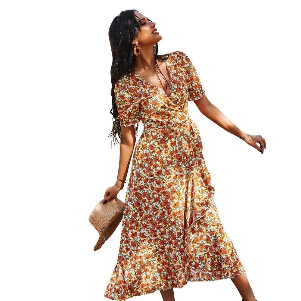 

Boho women boho dress for womens midi v-neck high waist a-line dress female Sexy beach Button dresses summer 2021 vestidos
