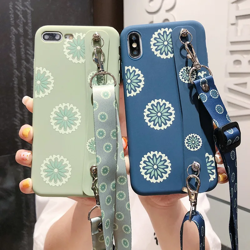 Простой милый чехол подставка с цветочным ремешком для iPhone X XR XS Max 6 6S 7 8 Plus мягкий