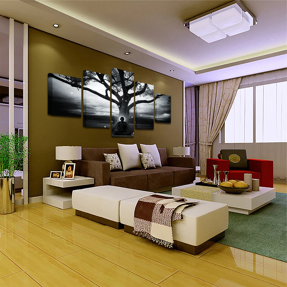 Холст HD отпечатки настенная живопись искусство рамки 5 шт. дерево и Будды плакат